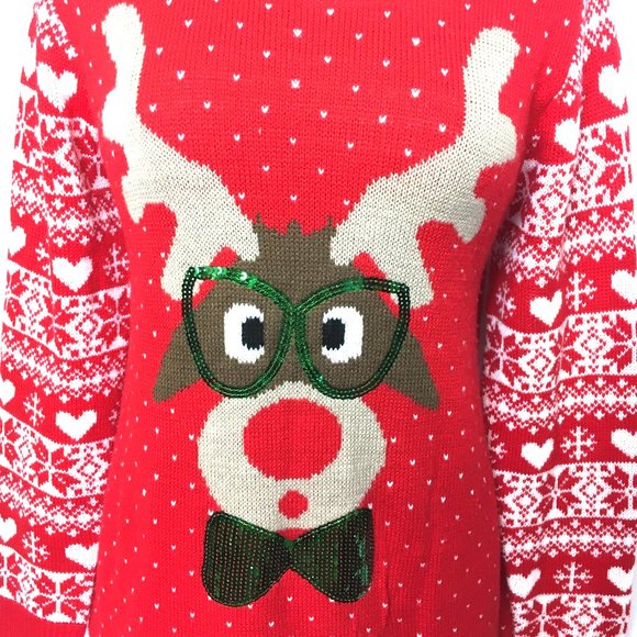 Ugly Christmas Sweater Red knit w/ Reindeer by Absolutely Famous EUC - Picture 5 of 12